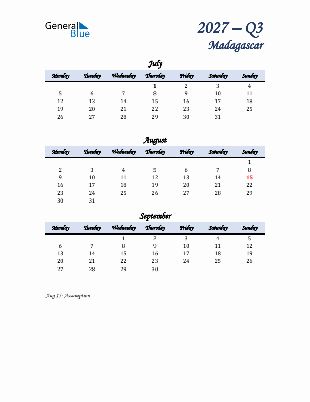 July, August, and September Calendar for Madagascar with Monday Start