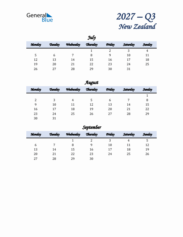 July, August, and September Calendar for New Zealand with Monday Start