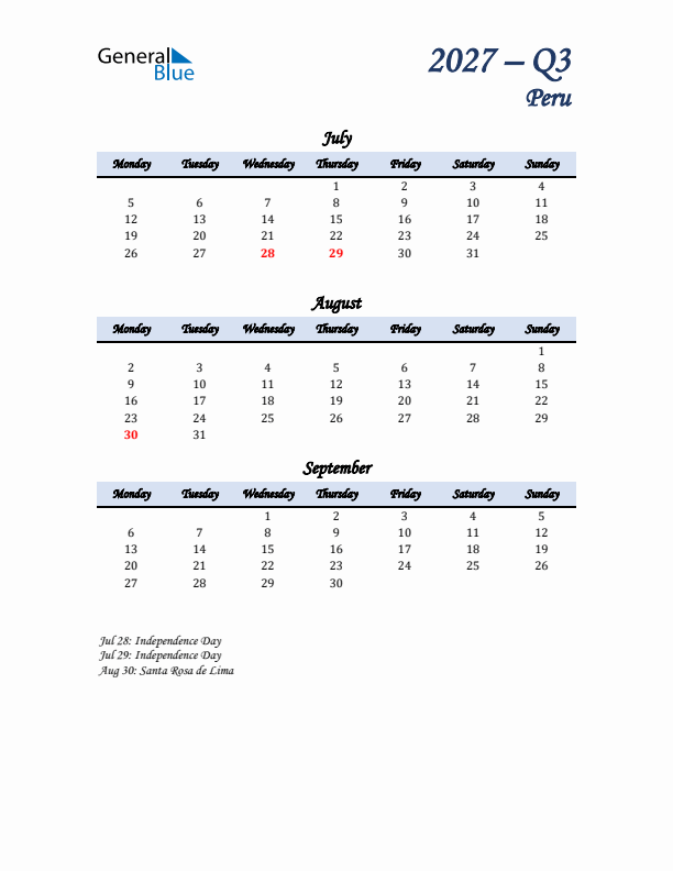 July, August, and September Calendar for Peru with Monday Start