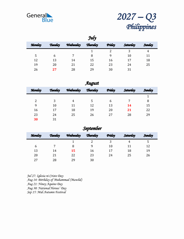 July, August, and September Calendar for Philippines with Monday Start