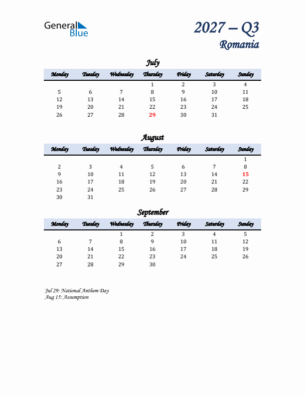 July, August, and September Calendar for Romania with Monday Start