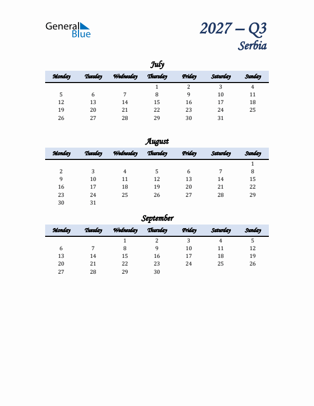 July, August, and September Calendar for Serbia with Monday Start