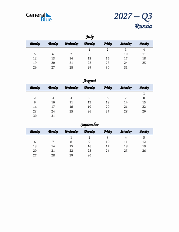 July, August, and September Calendar for Russia with Monday Start