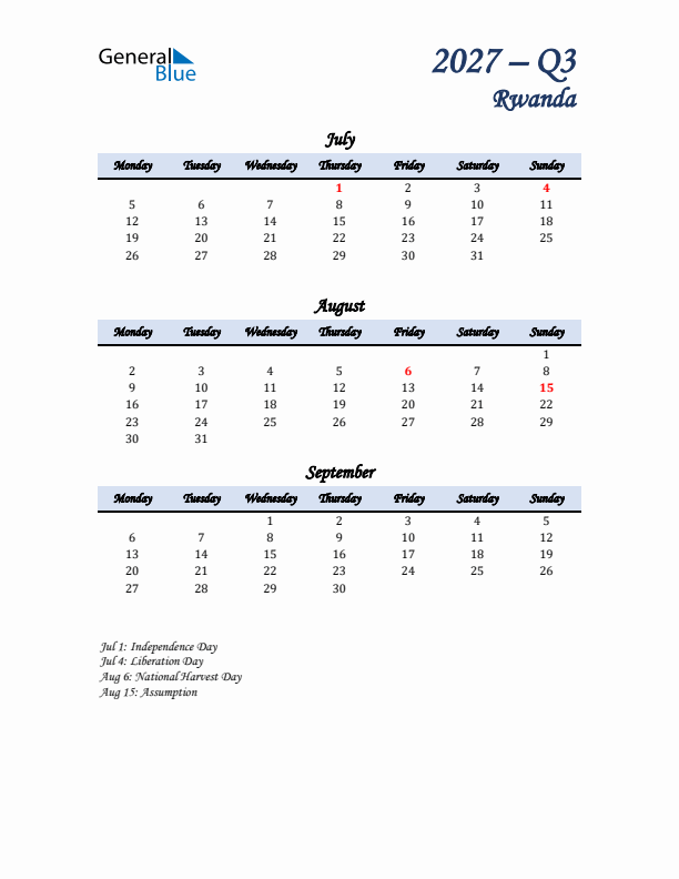 July, August, and September Calendar for Rwanda with Monday Start