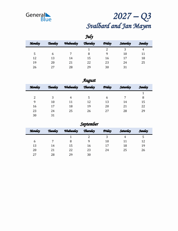 July, August, and September Calendar for Svalbard and Jan Mayen with Monday Start