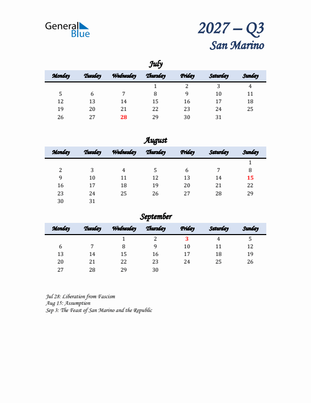 July, August, and September Calendar for San Marino with Monday Start