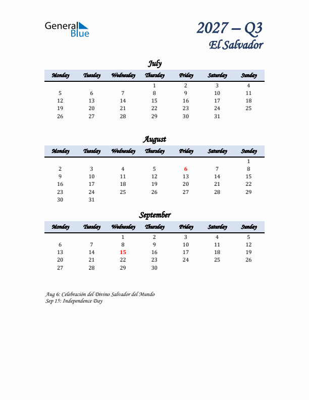 July, August, and September Calendar for El Salvador with Monday Start