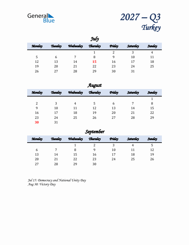 July, August, and September Calendar for Turkey with Monday Start