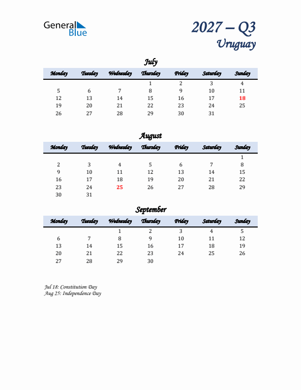 July, August, and September Calendar for Uruguay with Monday Start