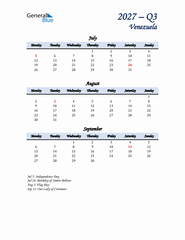 July, August, and September Calendar for Venezuela with Monday Start