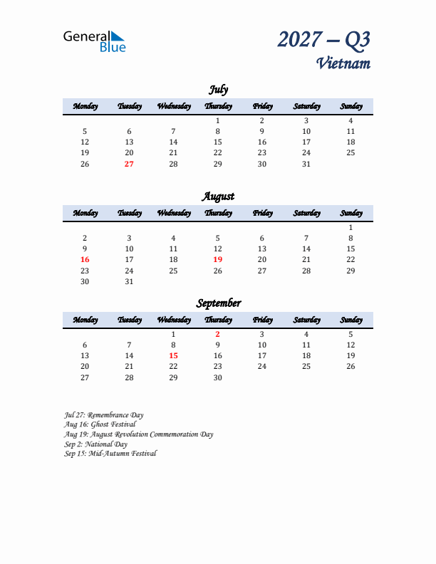 July, August, and September Calendar for Vietnam with Monday Start