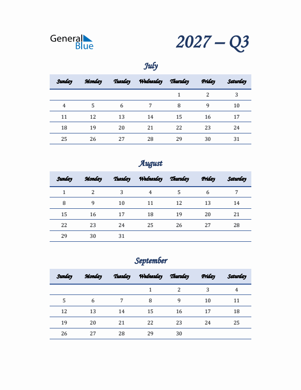 Sunday Start 2027 Quarterly Calendar