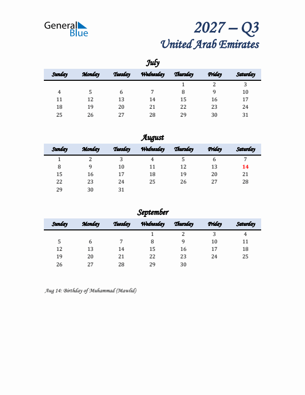 July, August, and September Calendar for United Arab Emirates with Sunday Start