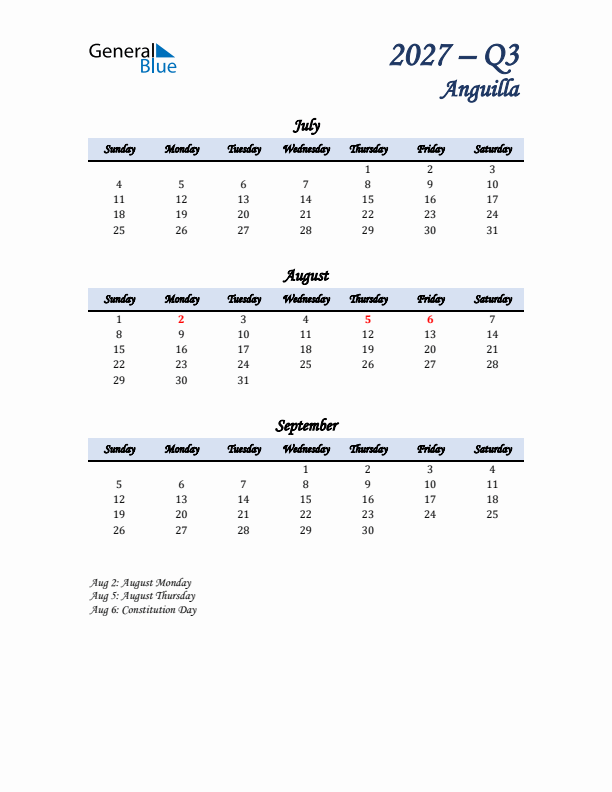 July, August, and September Calendar for Anguilla with Sunday Start