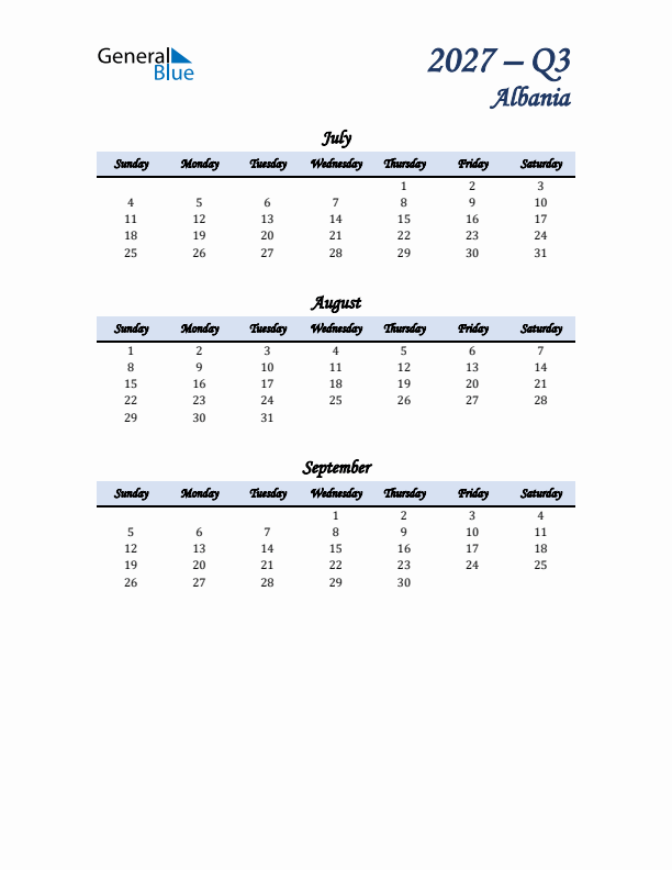 July, August, and September Calendar for Albania with Sunday Start