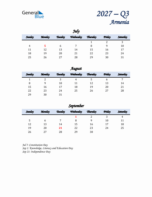 July, August, and September Calendar for Armenia with Sunday Start