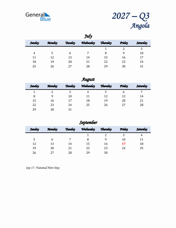 July, August, and September Calendar for Angola with Sunday Start