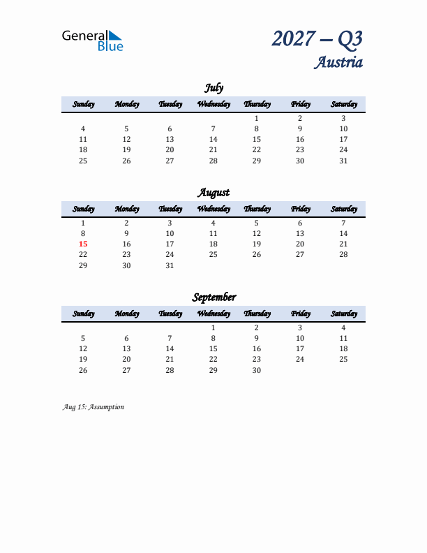 July, August, and September Calendar for Austria with Sunday Start