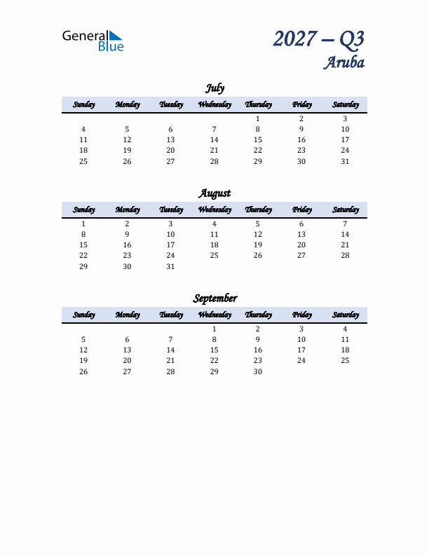 July, August, and September Calendar for Aruba with Sunday Start