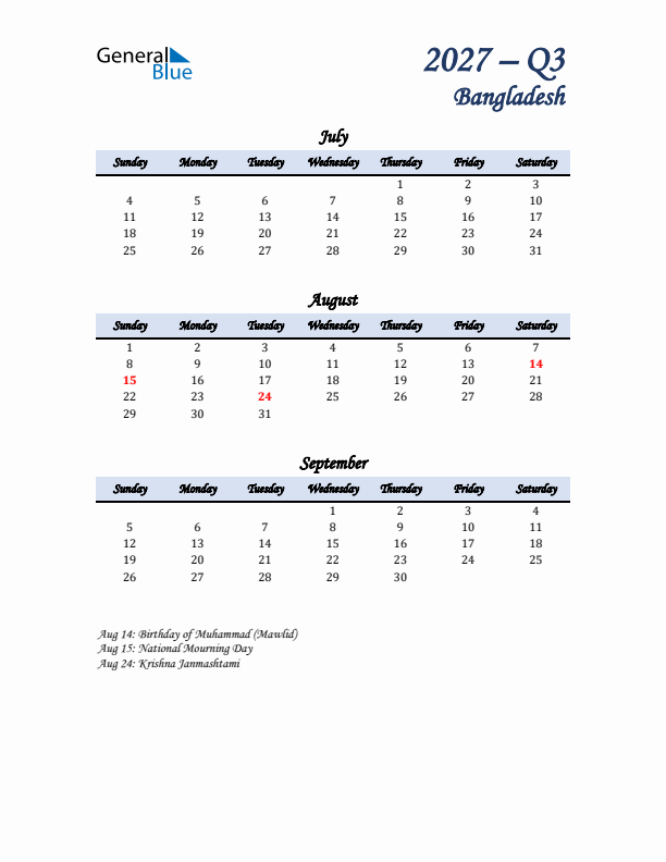 July, August, and September Calendar for Bangladesh with Sunday Start