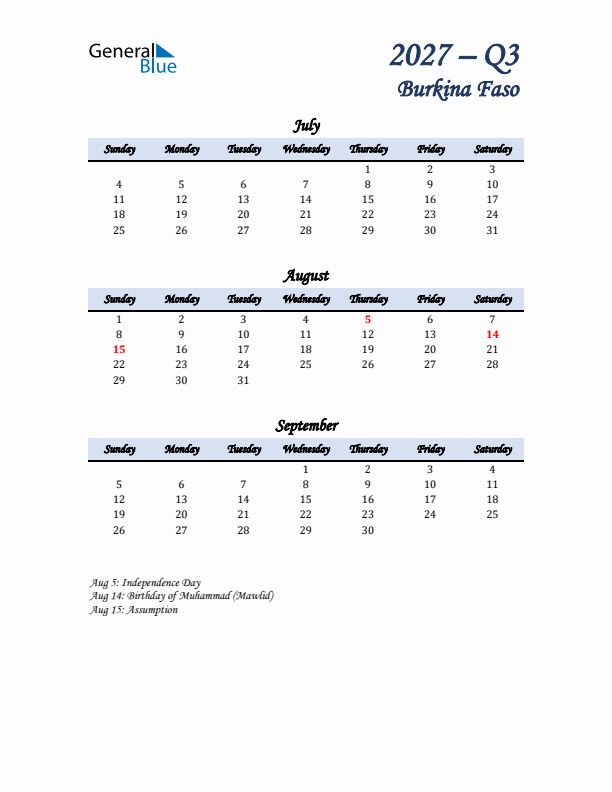 July, August, and September Calendar for Burkina Faso with Sunday Start