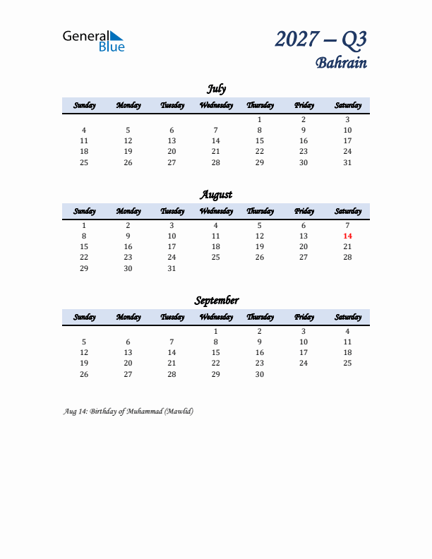 July, August, and September Calendar for Bahrain with Sunday Start