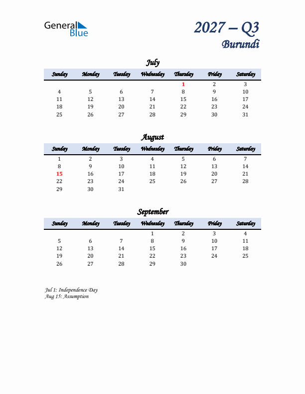 July, August, and September Calendar for Burundi with Sunday Start