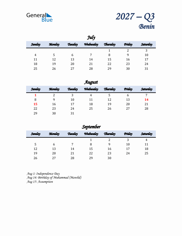 July, August, and September Calendar for Benin with Sunday Start