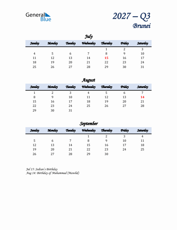 July, August, and September Calendar for Brunei with Sunday Start