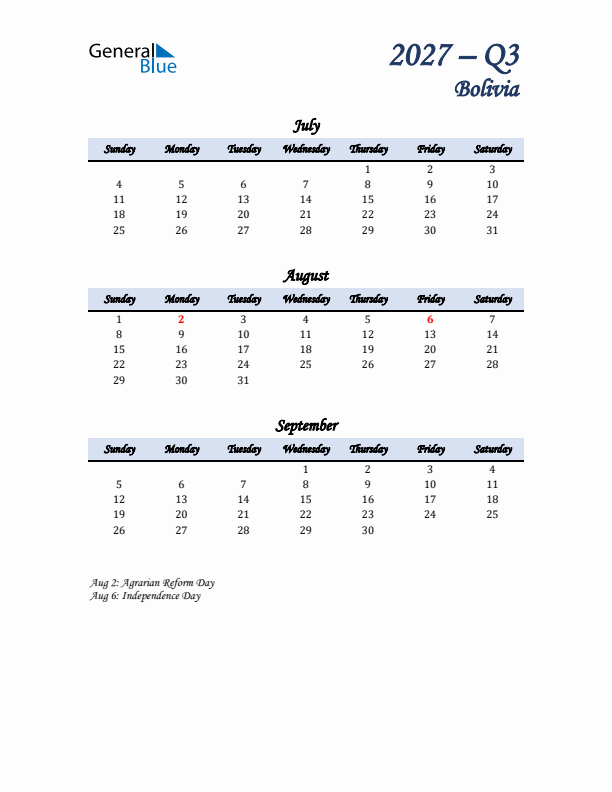 July, August, and September Calendar for Bolivia with Sunday Start