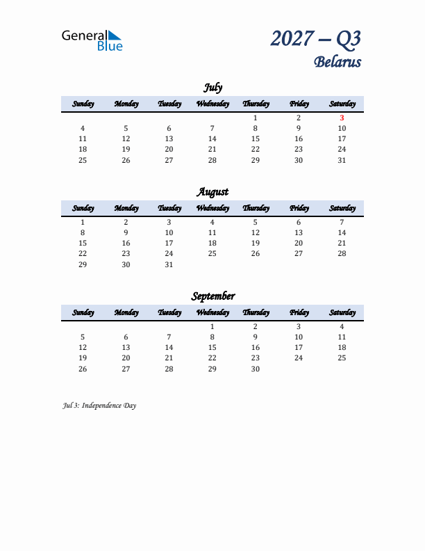 July, August, and September Calendar for Belarus with Sunday Start