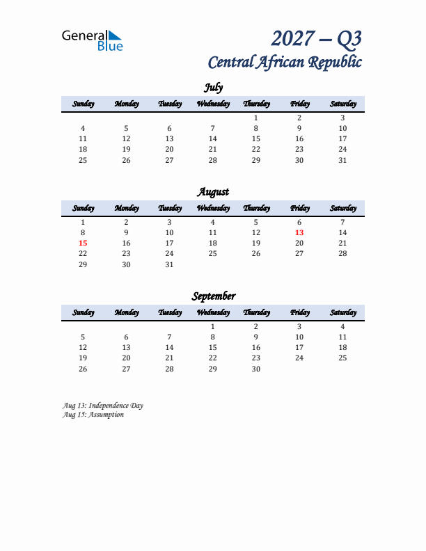 July, August, and September Calendar for Central African Republic with Sunday Start