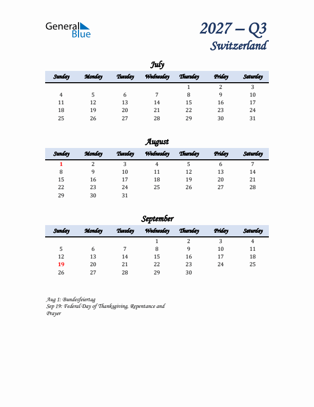 July, August, and September Calendar for Switzerland with Sunday Start