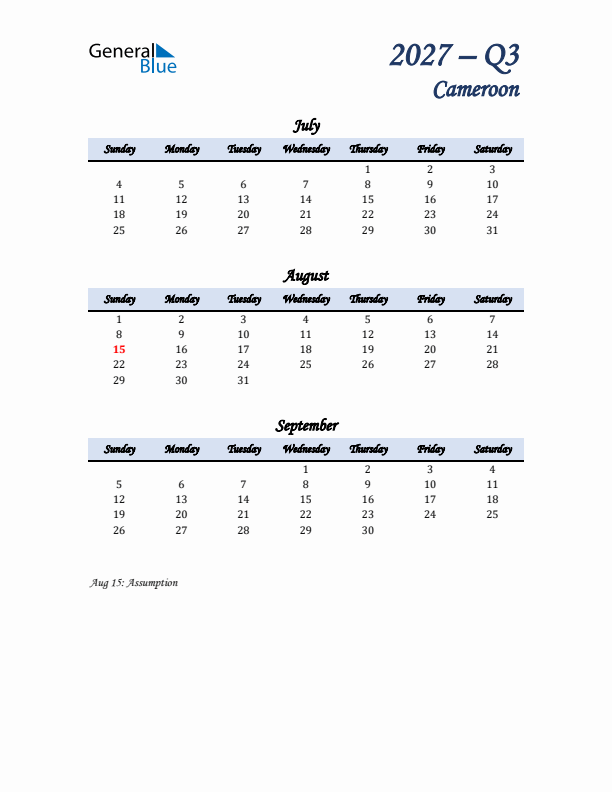 July, August, and September Calendar for Cameroon with Sunday Start