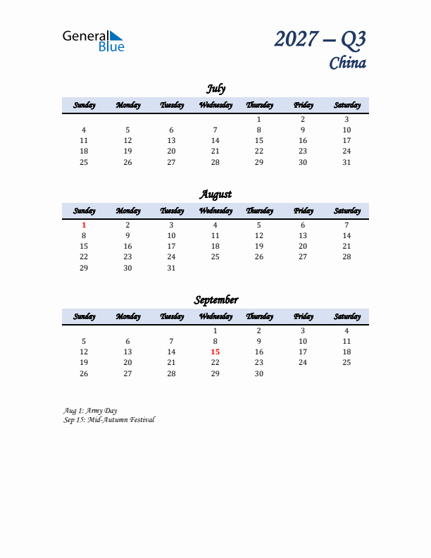 July, August, and September Calendar for China with Sunday Start