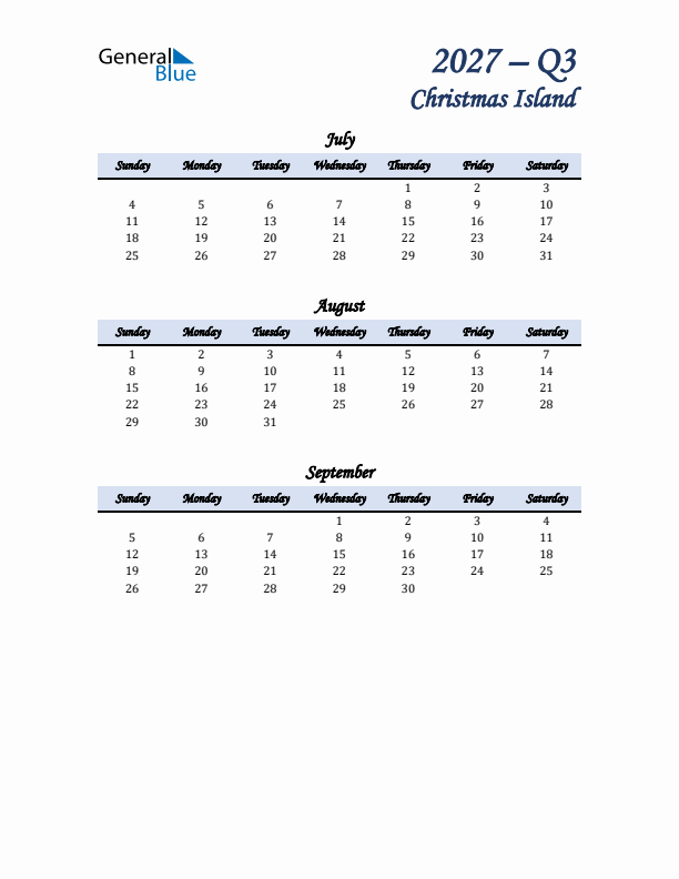 July, August, and September Calendar for Christmas Island with Sunday Start