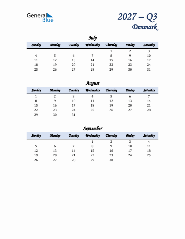 July, August, and September Calendar for Denmark with Sunday Start