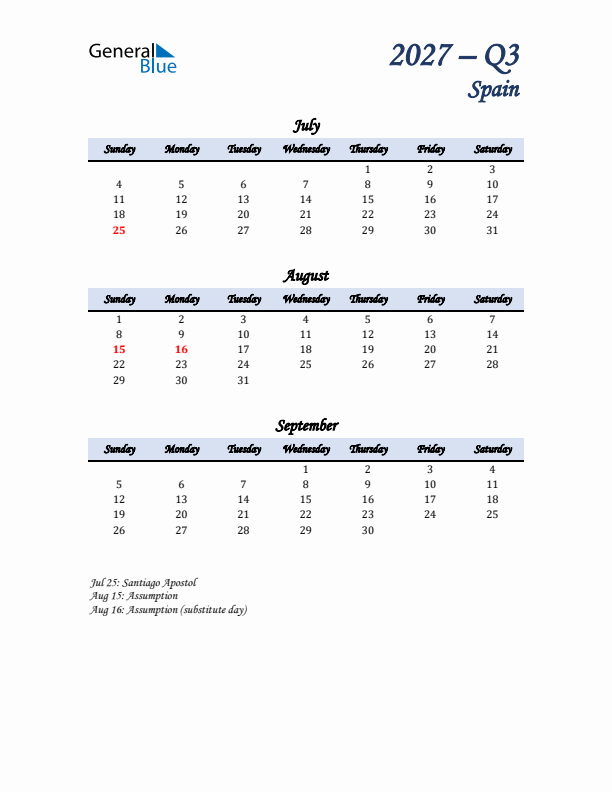 July, August, and September Calendar for Spain with Sunday Start