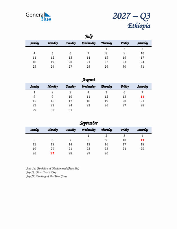 July, August, and September Calendar for Ethiopia with Sunday Start