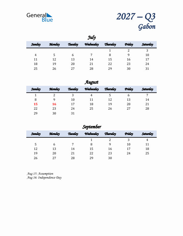 July, August, and September Calendar for Gabon with Sunday Start