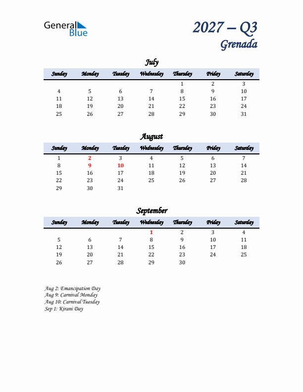 July, August, and September Calendar for Grenada with Sunday Start