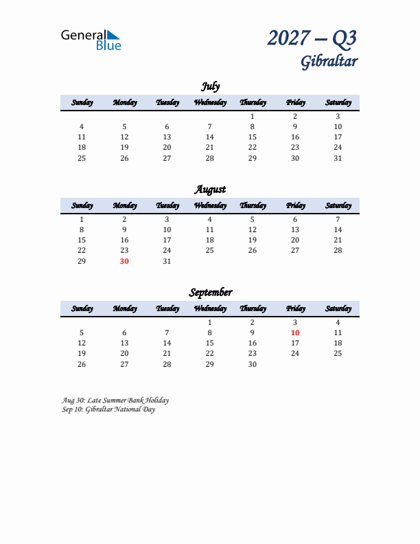 July, August, and September Calendar for Gibraltar with Sunday Start