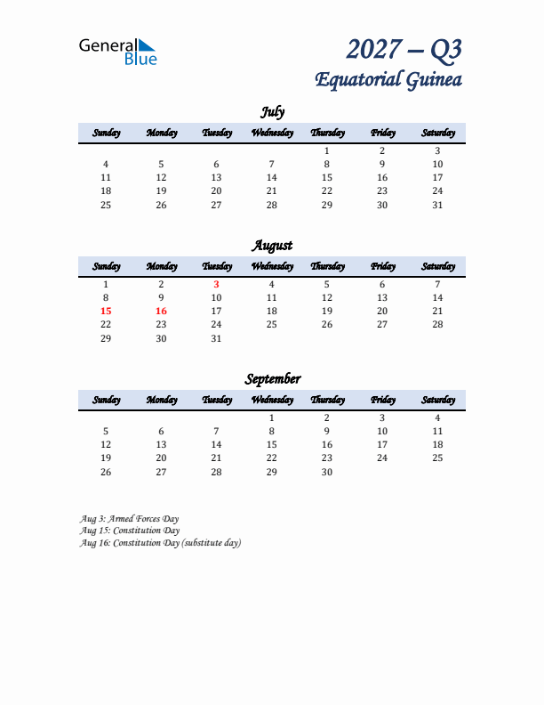 July, August, and September Calendar for Equatorial Guinea with Sunday Start