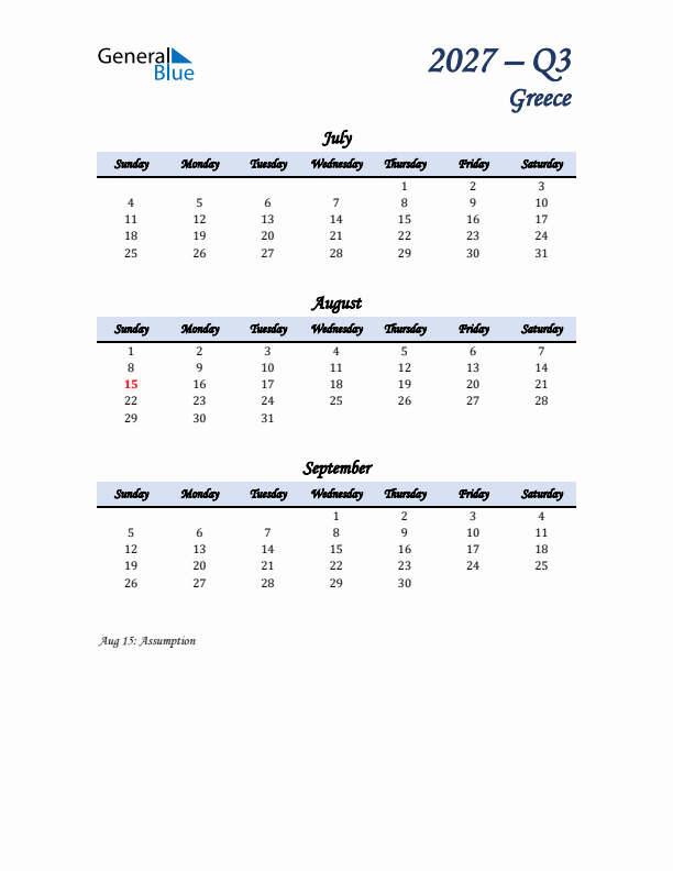 July, August, and September Calendar for Greece with Sunday Start