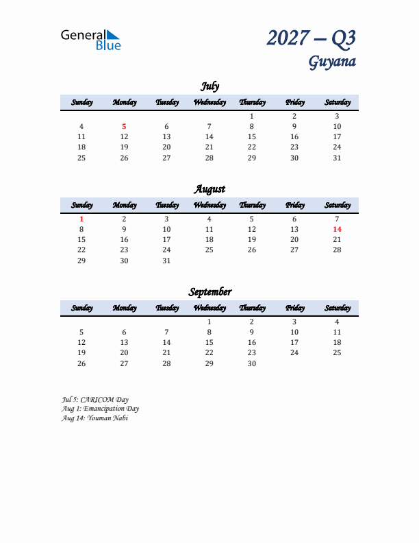 July, August, and September Calendar for Guyana with Sunday Start