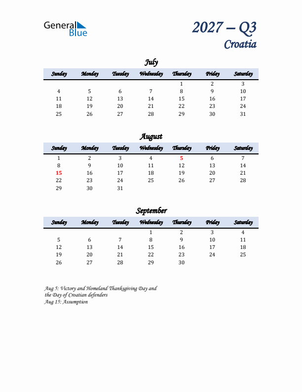 July, August, and September Calendar for Croatia with Sunday Start