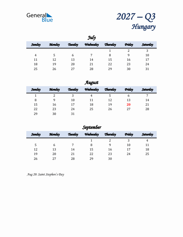 July, August, and September Calendar for Hungary with Sunday Start