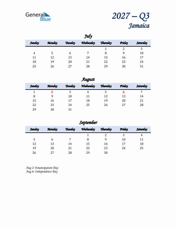 July, August, and September Calendar for Jamaica with Sunday Start