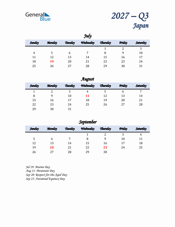 July, August, and September Calendar for Japan with Sunday Start