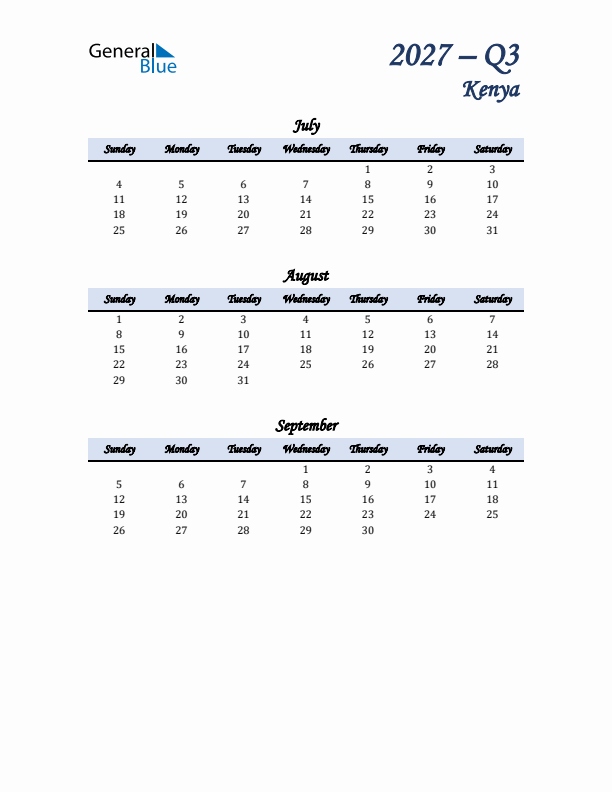 July, August, and September Calendar for Kenya with Sunday Start